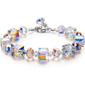 Women's Small Romantic Sterling Silver Bracelet Northern Lights Crystal Bracelet 7 Inch + 2 Inch Extender Chain for Women Girls